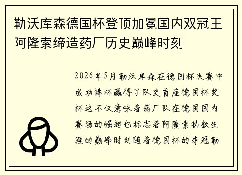 勒沃库森德国杯登顶加冕国内双冠王阿隆索缔造药厂历史巅峰时刻